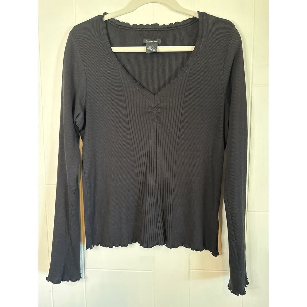 Calvin Klein 100% cotton ribbed long bell sleeve top XL Y2K